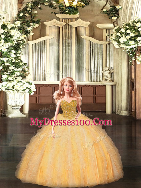 Edgy Tulle Sweetheart Sleeveless Lace Up Beading 15th Birthday Dress in Gold