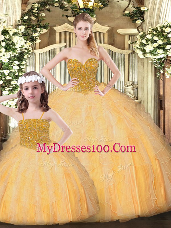 Edgy Tulle Sweetheart Sleeveless Lace Up Beading 15th Birthday Dress in Gold