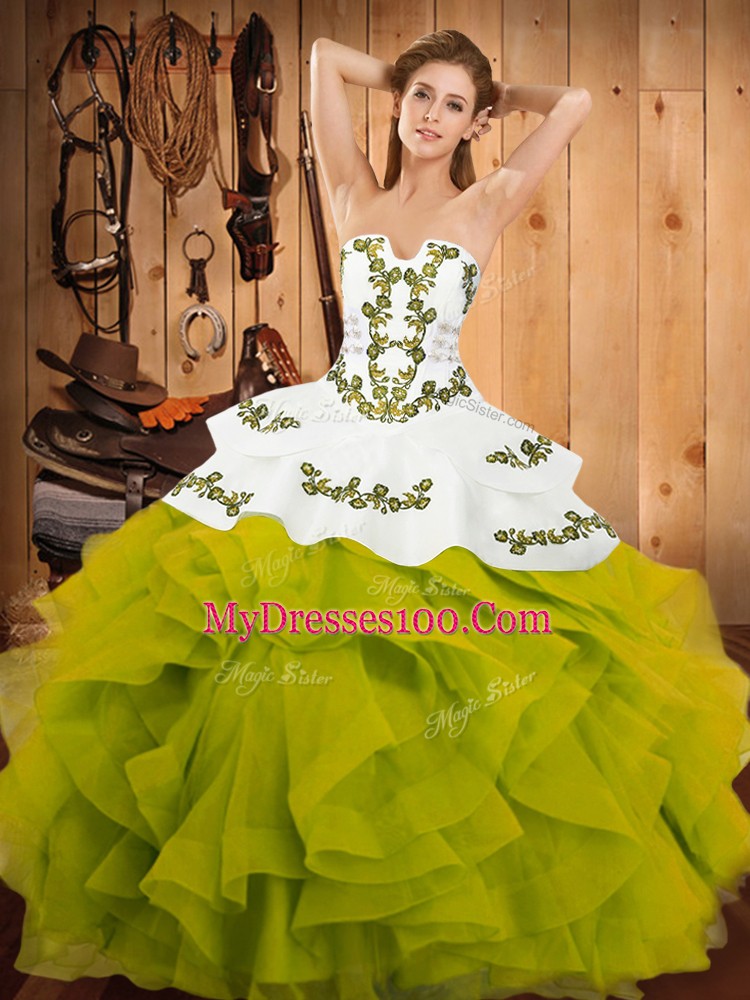 Olive Green Sleeveless Satin and Organza Lace Up Quinceanera Dress for Military Ball and Sweet 16 and Quinceanera