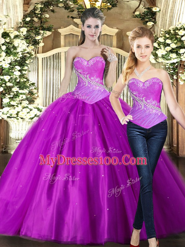Ball Gowns Quinceanera Dresses Fuchsia Sweetheart Tulle Sleeveless Floor Length Lace Up