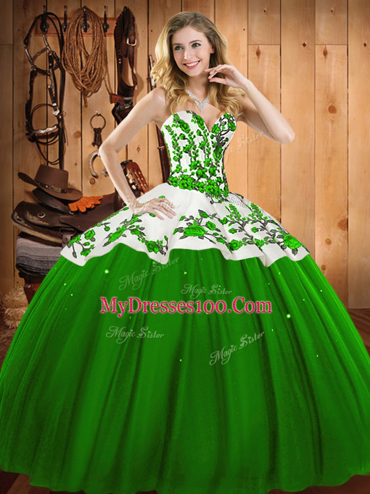 High Class Green Satin and Tulle Lace Up 15 Quinceanera Dress Sleeveless Floor Length Appliques and Embroidery