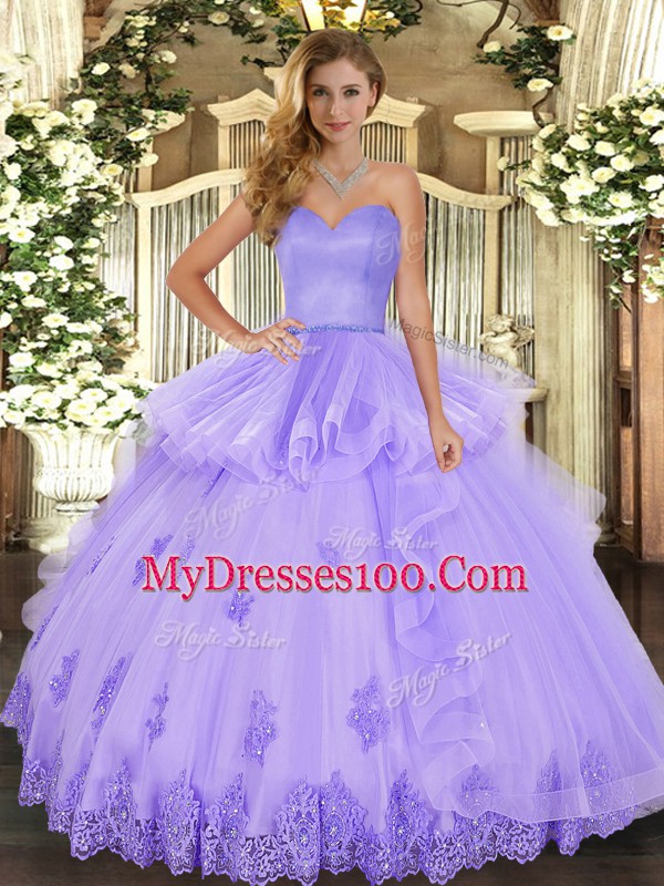 Glittering Floor Length Lace Up Quinceanera Dresses Lavender for Military Ball and Sweet 16 and Quinceanera with Beading and Appliques and Ruffles