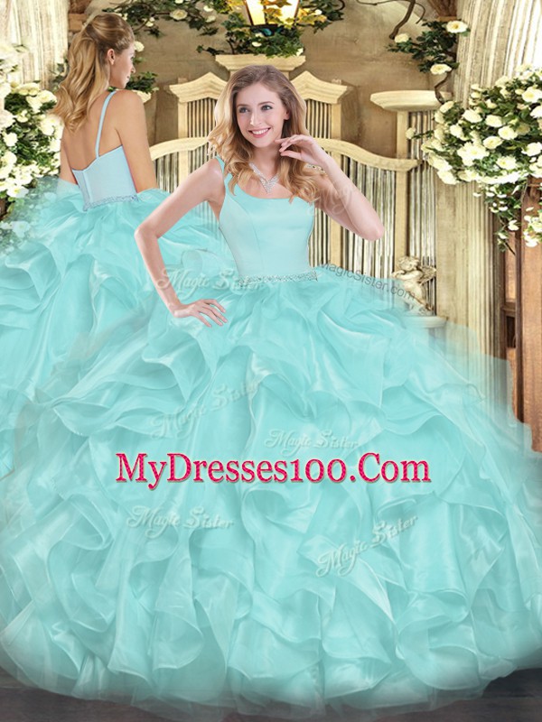 Aqua Blue Sleeveless Organza Zipper Sweet 16 Quinceanera Dress for Military Ball and Sweet 16 and Quinceanera