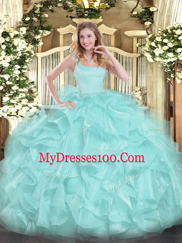 Aqua Blue Sleeveless Organza Zipper Sweet 16 Quinceanera Dress for Military Ball and Sweet 16 and Quinceanera