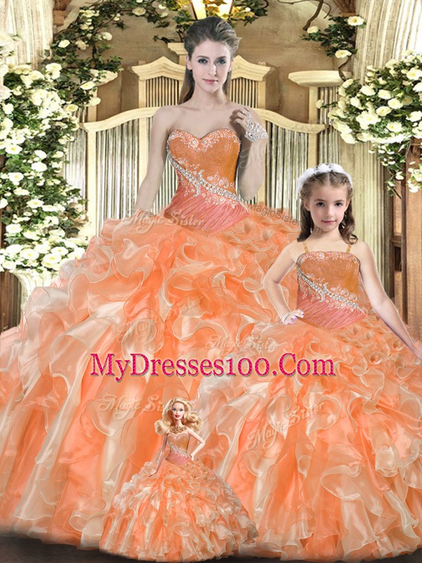 Beading and Ruffles Ball Gown Prom Dress Orange Red Lace Up Sleeveless Floor Length