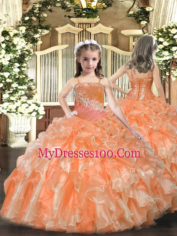 Beading and Ruffles Ball Gown Prom Dress Orange Red Lace Up Sleeveless Floor Length