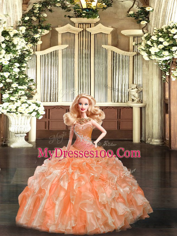 Beading and Ruffles Ball Gown Prom Dress Orange Red Lace Up Sleeveless Floor Length