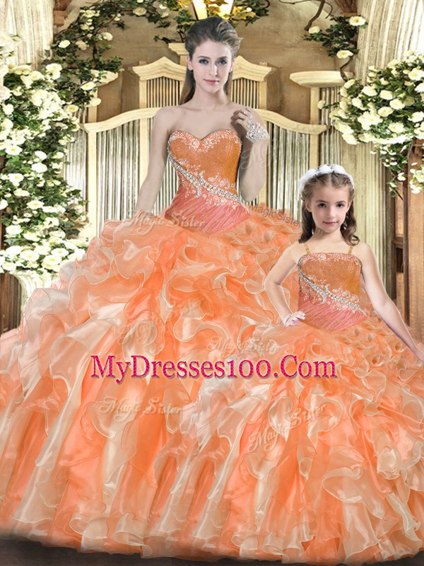 Beading and Ruffles Ball Gown Prom Dress Orange Red Lace Up Sleeveless Floor Length