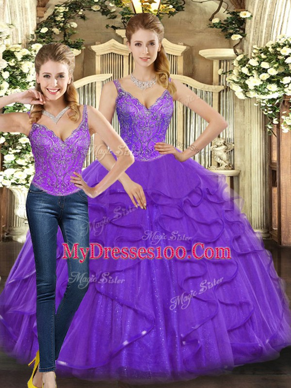 High Quality Sleeveless Floor Length Beading and Ruffles Lace Up Quince Ball Gowns with Purple