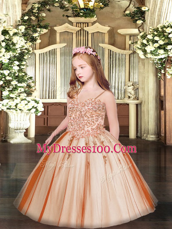 Sleeveless Floor Length Appliques Lace Up Kids Formal Wear with Rust Red