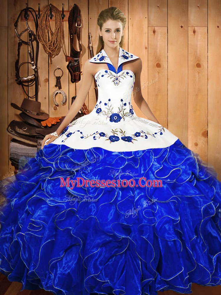 Ball Gowns Quince Ball Gowns Blue And White Halter Top Satin and Organza Sleeveless Floor Length Lace Up