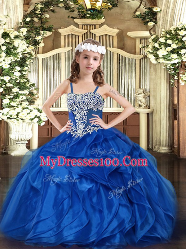 On Sale Blue Straps Lace Up Appliques and Ruffles Pageant Dress Womens Sleeveless