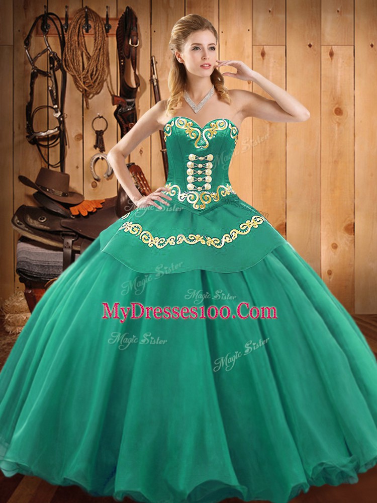Fantastic Embroidery Quinceanera Dress Turquoise Lace Up Sleeveless Floor Length