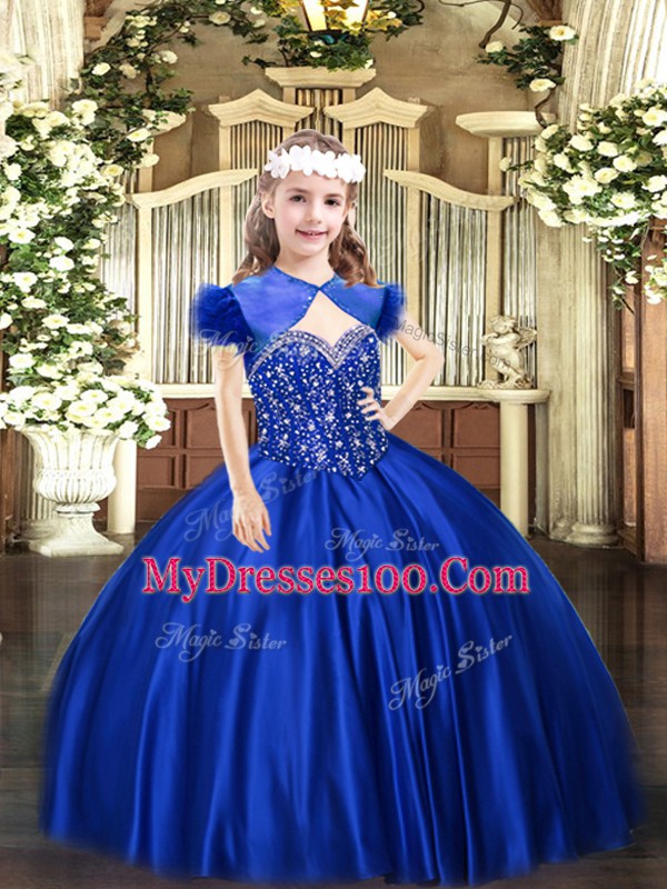 Popular Ball Gowns Girls Pageant Dresses Royal Blue Straps Satin Sleeveless Floor Length Lace Up