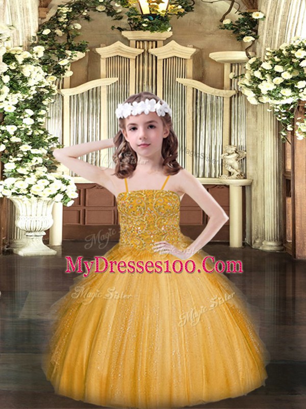 Gold Tulle Lace Up Spaghetti Straps Sleeveless Floor Length Pageant Dress Womens Beading and Ruffles