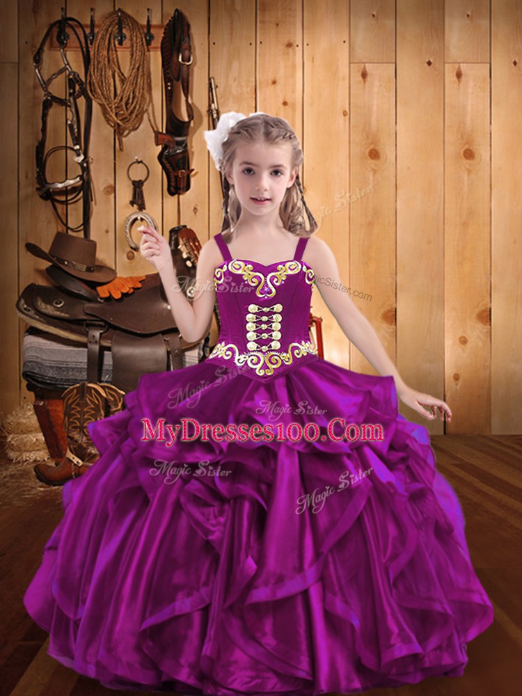 Fuchsia Ball Gowns Straps Sleeveless Organza Floor Length Lace Up Embroidery and Ruffles Little Girls Pageant Dress