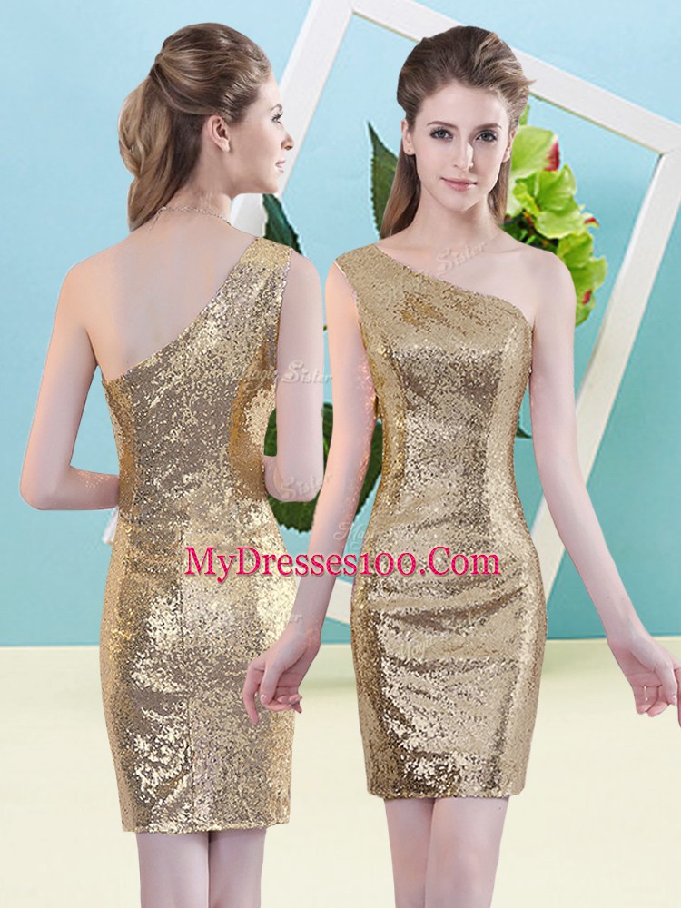 One Shoulder Sleeveless Zipper Prom Dress Gold Sequined