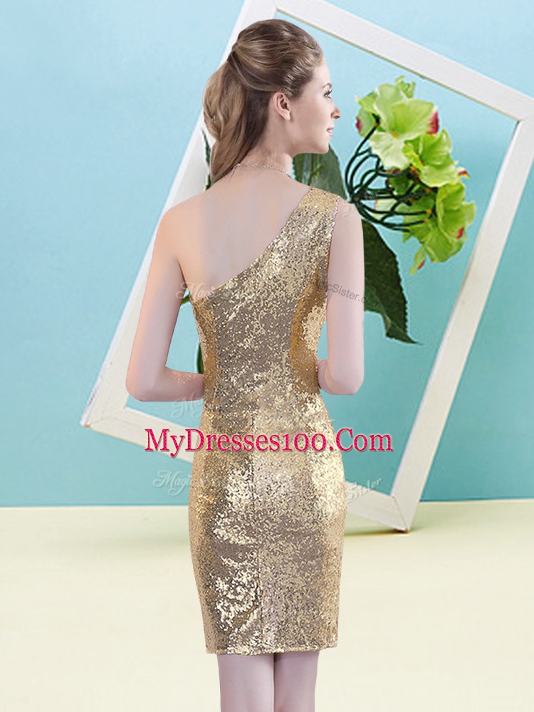 One Shoulder Sleeveless Zipper Prom Dress Gold Sequined