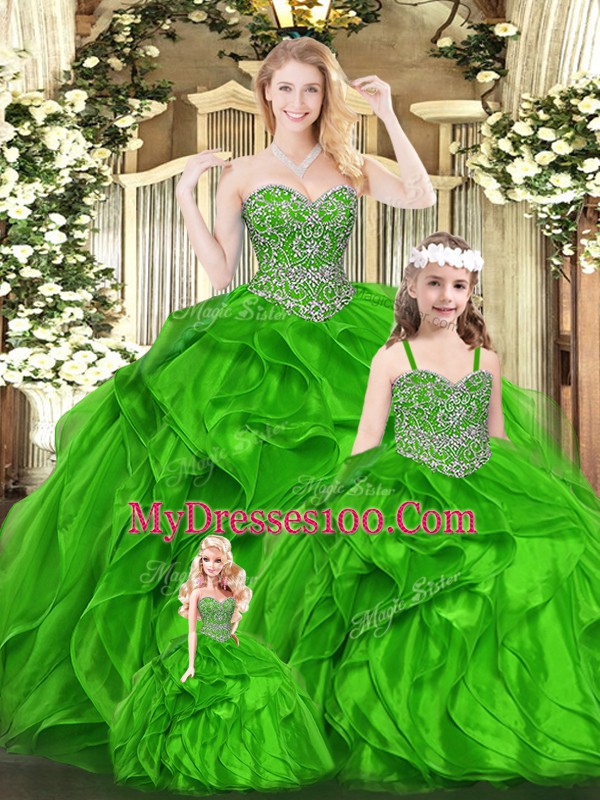 Fashion Floor Length Lace Up Vestidos de Quinceanera Green for Military Ball and Sweet 16 and Quinceanera with Beading and Ruffles