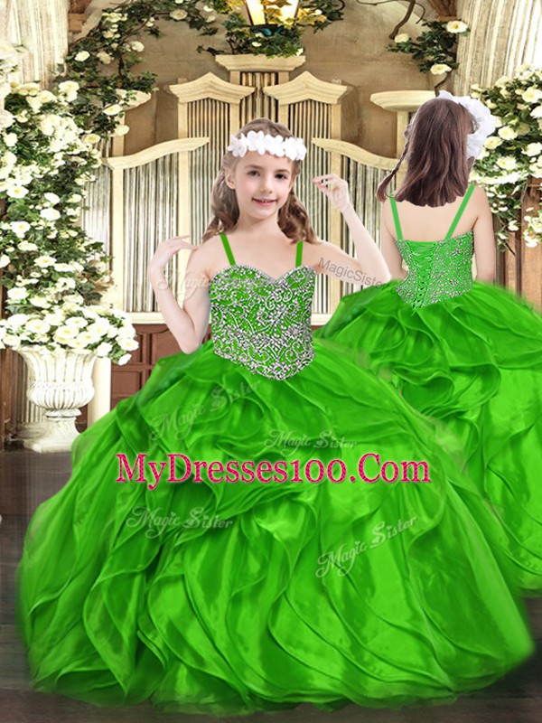 Fashion Floor Length Lace Up Vestidos de Quinceanera Green for Military Ball and Sweet 16 and Quinceanera with Beading and Ruffles
