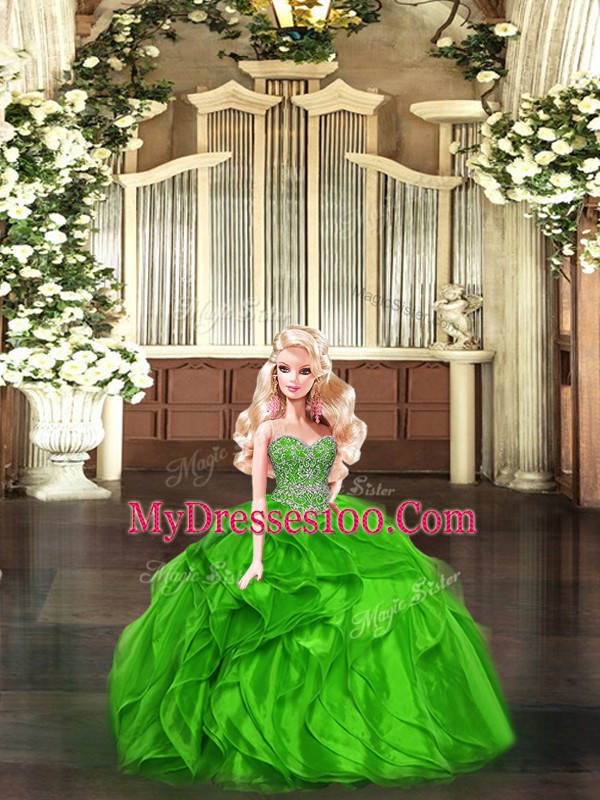 Fashion Floor Length Lace Up Vestidos de Quinceanera Green for Military Ball and Sweet 16 and Quinceanera with Beading and Ruffles