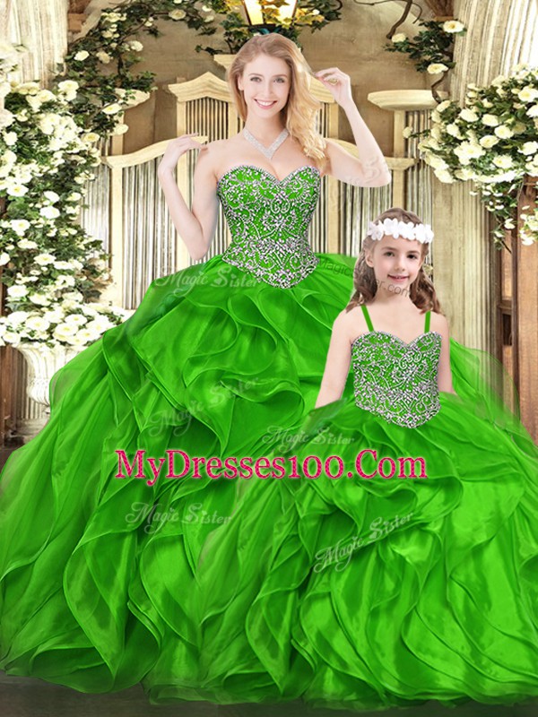 Fashion Floor Length Lace Up Vestidos de Quinceanera Green for Military Ball and Sweet 16 and Quinceanera with Beading and Ruffles