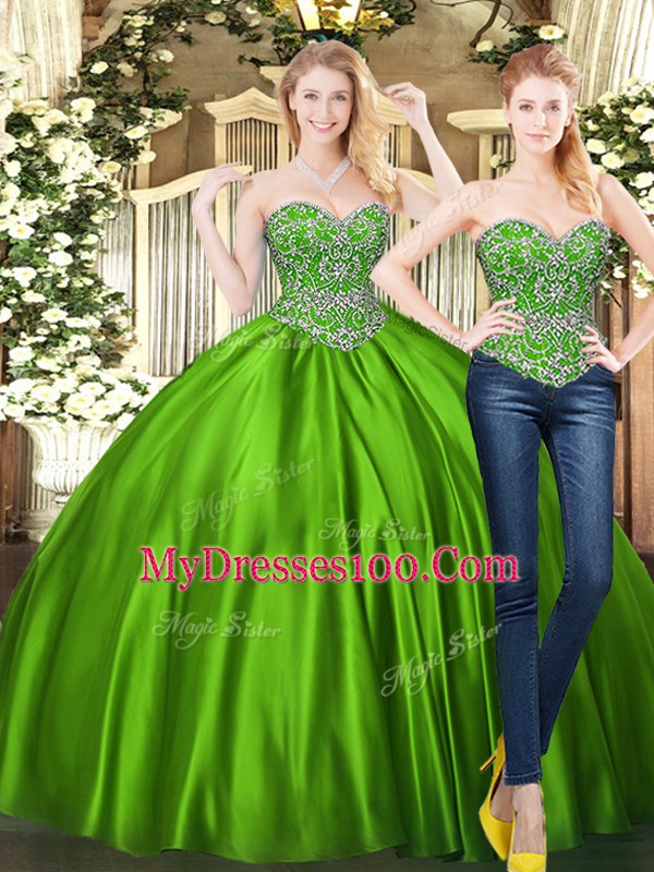 Sweetheart Sleeveless Sweet 16 Dress Floor Length Beading Green Tulle