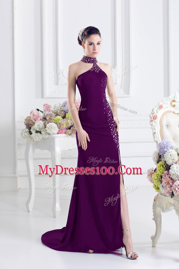 Exquisite Dark Purple Sleeveless Elastic Woven Satin Sweep Train Zipper Prom Evening Gown for Prom and Party