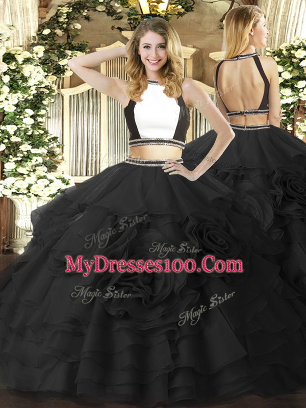 Colorful Black Halter Top Neckline Ruffled Layers Quinceanera Dresses Sleeveless Zipper