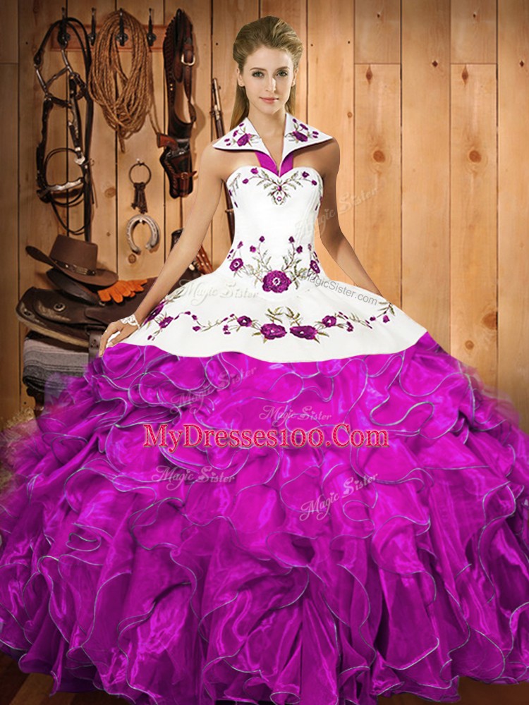 Extravagant Satin and Organza Sleeveless Floor Length Quinceanera Gown and Embroidery and Ruffles