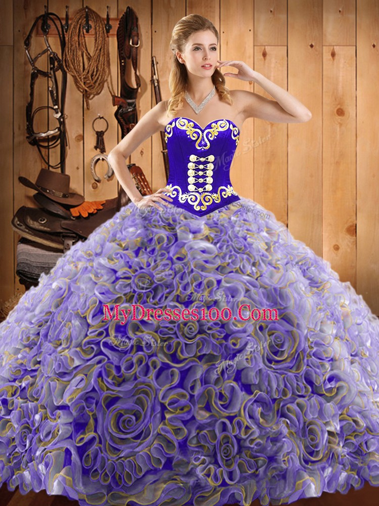 Custom Fit Satin and Fabric With Rolling Flowers Sleeveless With Train 15th Birthday Dress Sweep Train and Embroidery