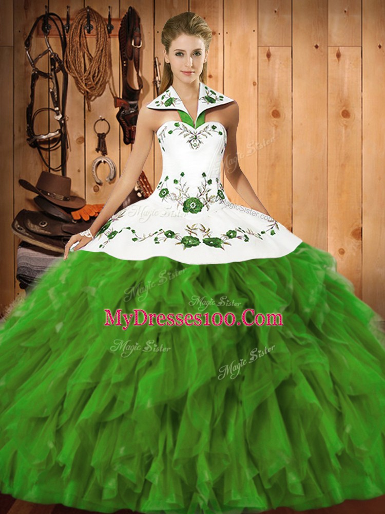 Olive Green Lace Up Sweet 16 Dresses Embroidery and Ruffles Sleeveless Floor Length