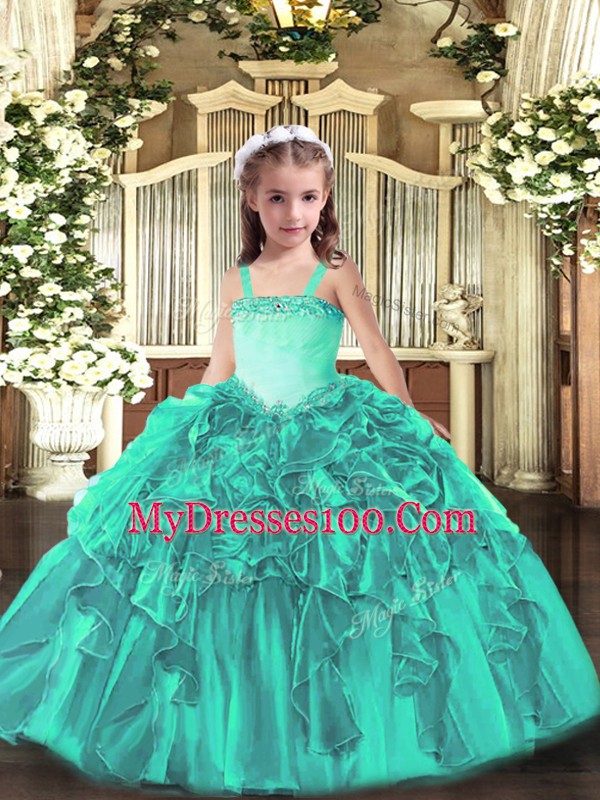 Fashionable Turquoise Straps Neckline Appliques and Ruffles Pageant Gowns For Girls Sleeveless Lace Up