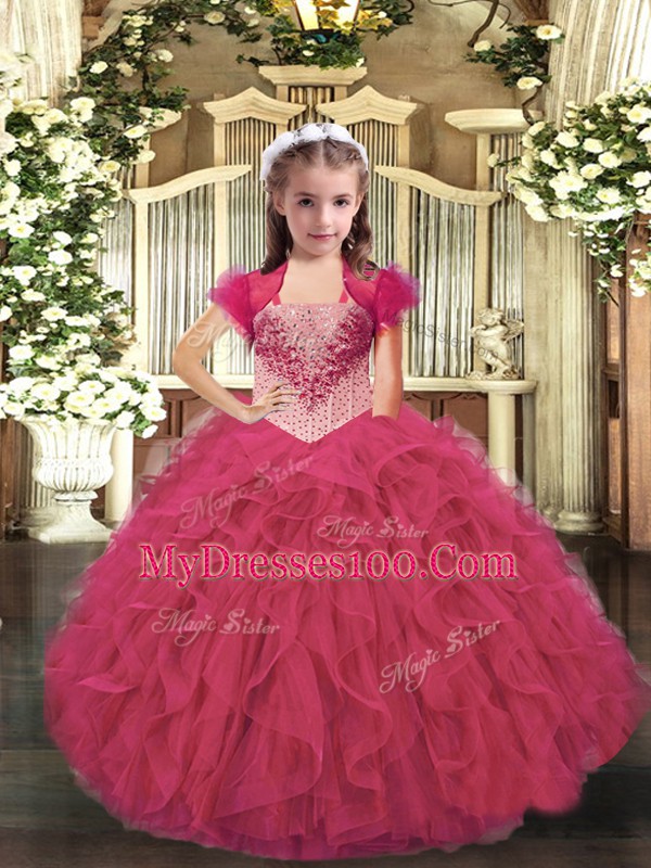 Hot Pink Pageant Gowns For Girls Party and Sweet 16 and Quinceanera with Beading and Ruffles Straps Sleeveless Lace Up