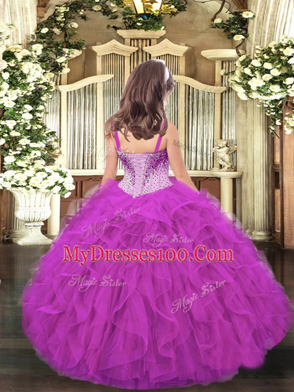 Hot Pink Pageant Gowns For Girls Party and Sweet 16 and Quinceanera with Beading and Ruffles Straps Sleeveless Lace Up
