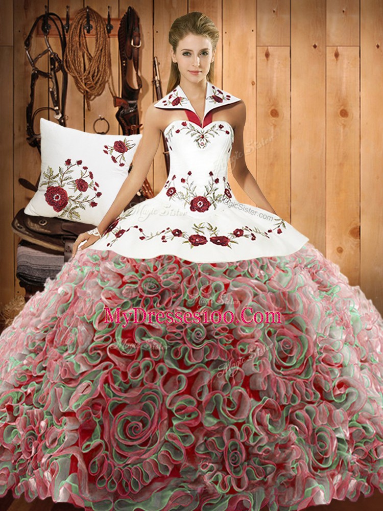 Multi-color Lace Up Quinceanera Dress Embroidery Sleeveless Sweep Train