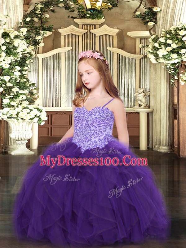 Most Popular Floor Length Lace Up Girls Pageant Dresses Purple for Party and Quinceanera with Appliques and Ruffles