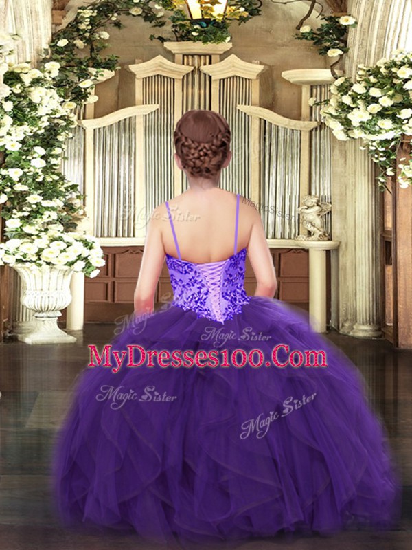 Most Popular Floor Length Lace Up Girls Pageant Dresses Purple for Party and Quinceanera with Appliques and Ruffles