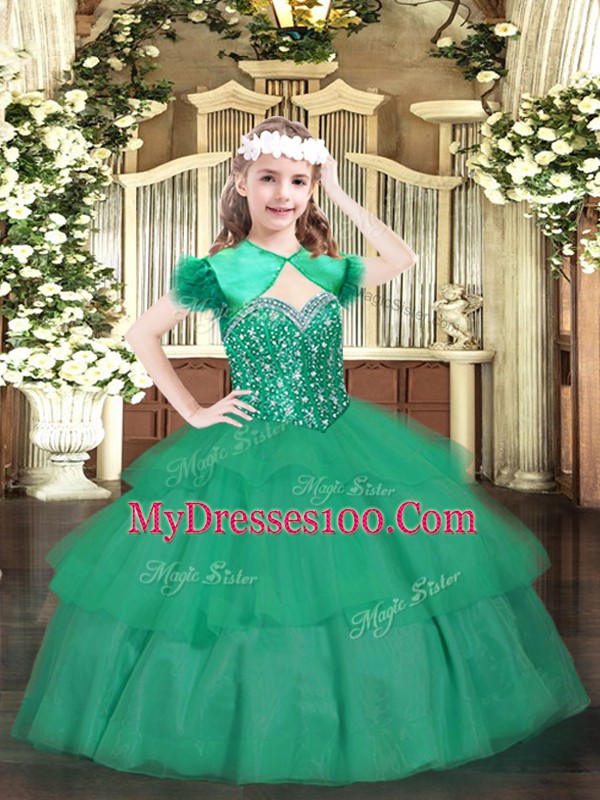 Glorious Turquoise Organza Lace Up Straps Sleeveless Floor Length Pageant Dresses Beading and Ruffled Layers