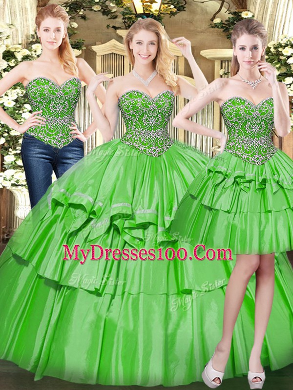 Sexy Green Three Pieces Organza Sweetheart Sleeveless Beading and Ruffled Layers Floor Length Lace Up Sweet 16 Dresses