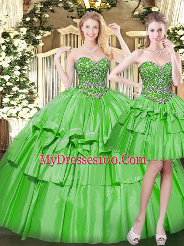 Sexy Green Three Pieces Organza Sweetheart Sleeveless Beading and Ruffled Layers Floor Length Lace Up Sweet 16 Dresses