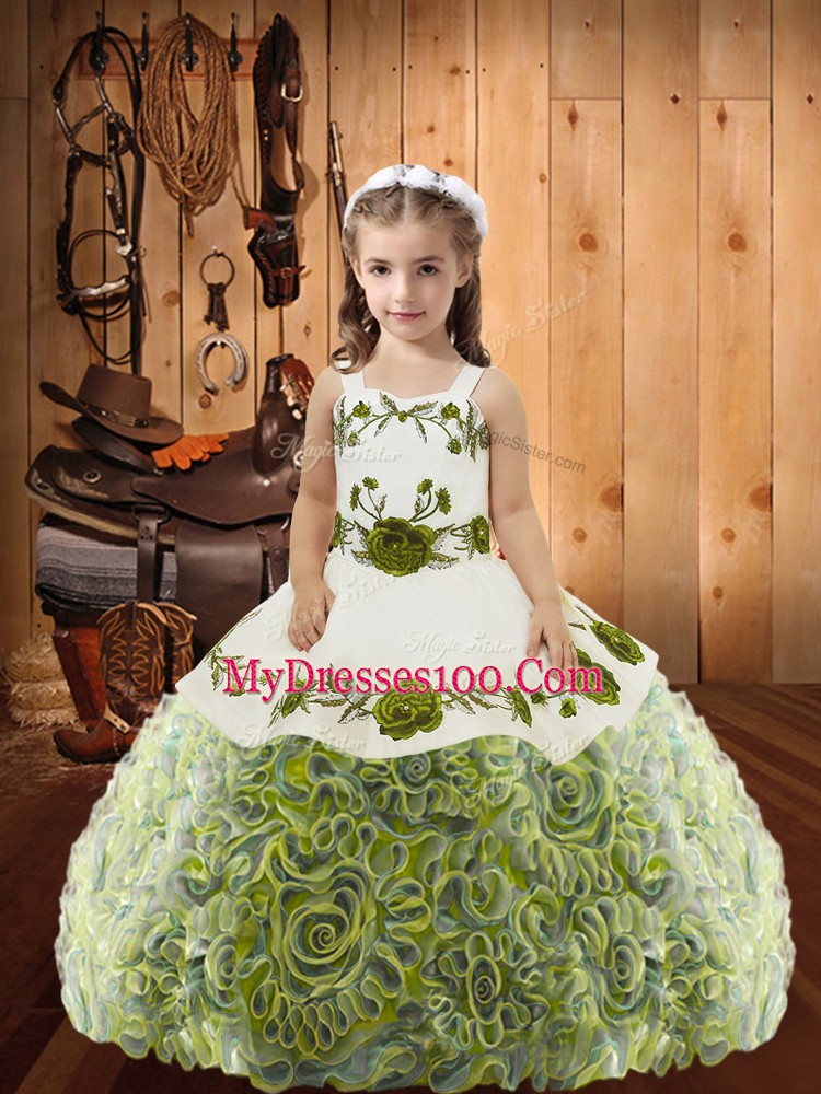 Perfect Sleeveless Floor Length Embroidery and Ruffles Lace Up Kids Pageant Dress with Multi-color