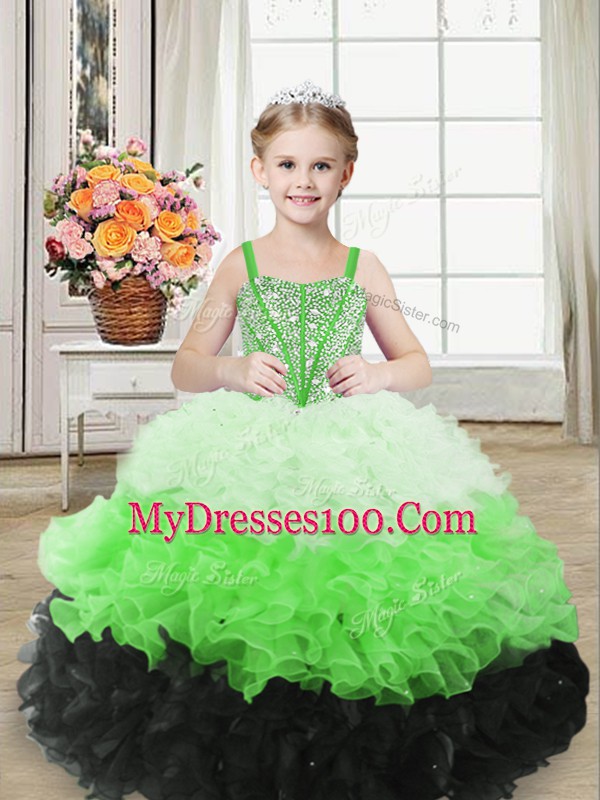 Multi-color Ball Gowns Beading and Ruffles Little Girl Pageant Gowns Lace Up Organza Sleeveless Floor Length