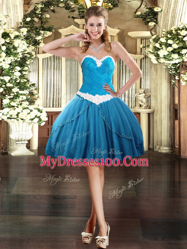 Baby Blue Tulle Lace Up Evening Dress Sleeveless Mini Length Appliques