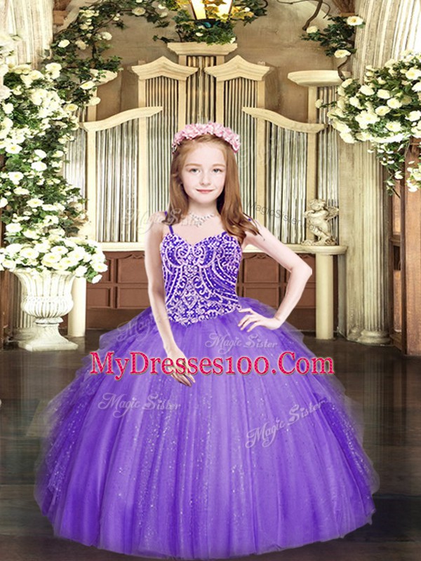 Lavender Little Girl Pageant Gowns Party and Quinceanera with Beading and Ruffles Spaghetti Straps Sleeveless Lace Up