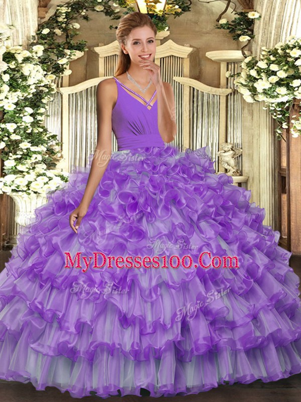 Extravagant Lavender V-neck Backless Ruffled Layers Quinceanera Dresses Sleeveless