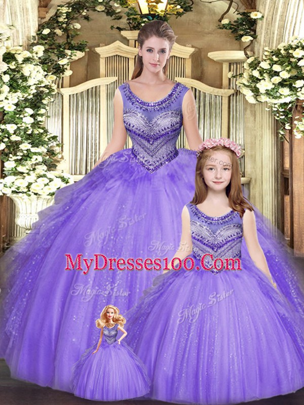 Suitable Scoop Sleeveless Quinceanera Gowns Floor Length Beading and Ruffles Eggplant Purple Tulle