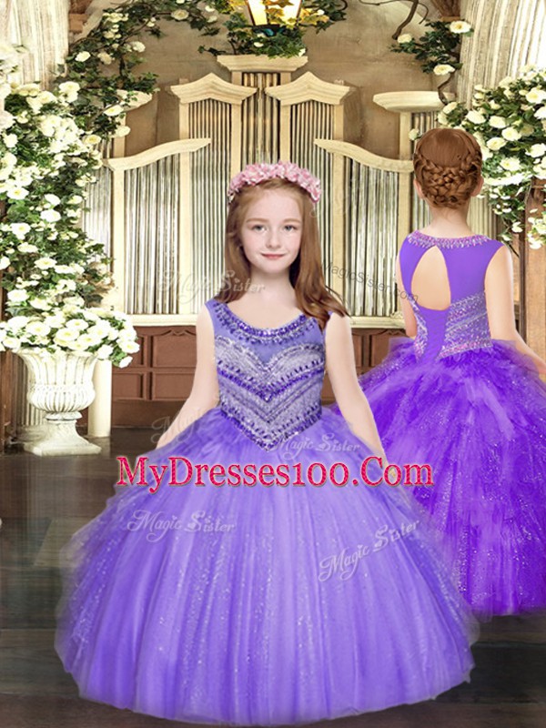 Suitable Scoop Sleeveless Quinceanera Gowns Floor Length Beading and Ruffles Eggplant Purple Tulle