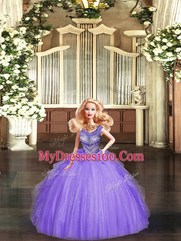 Suitable Scoop Sleeveless Quinceanera Gowns Floor Length Beading and Ruffles Eggplant Purple Tulle