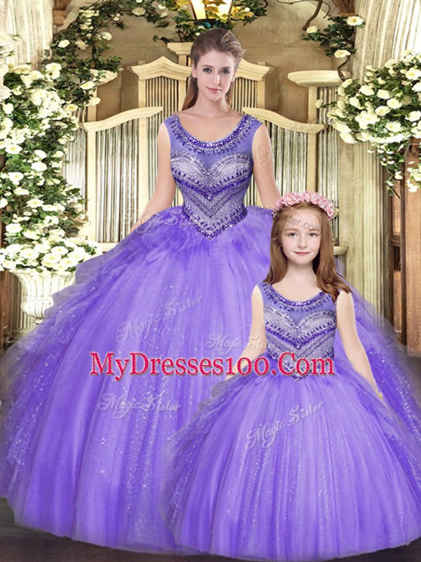 Suitable Scoop Sleeveless Quinceanera Gowns Floor Length Beading and Ruffles Eggplant Purple Tulle